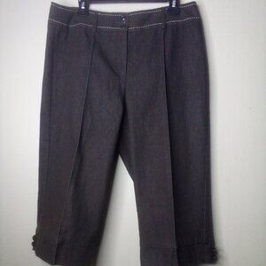 Dressbarn Capri Pants 14 Women Large Stitching Button Detail Hem Brown